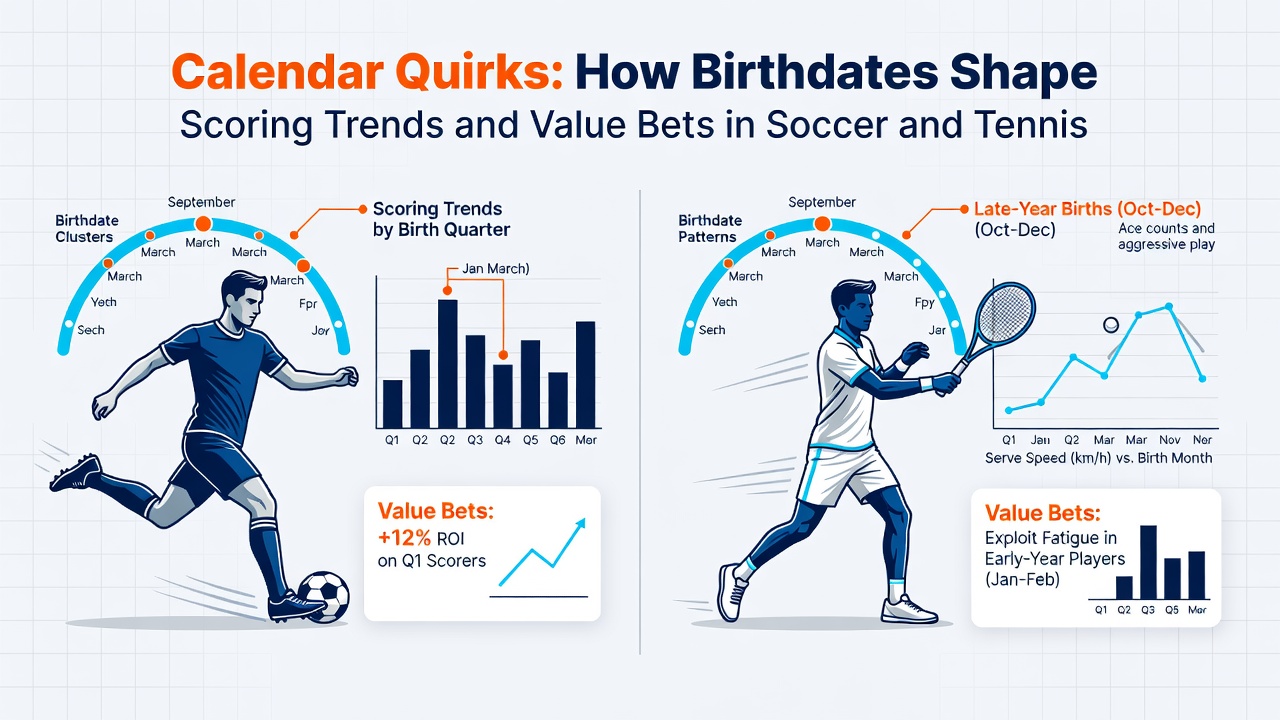Grafik mit Geburtsmonatsverteilung und korrelierten Scoring-Raten in ausgewählten Fußball- und Tennis-Events