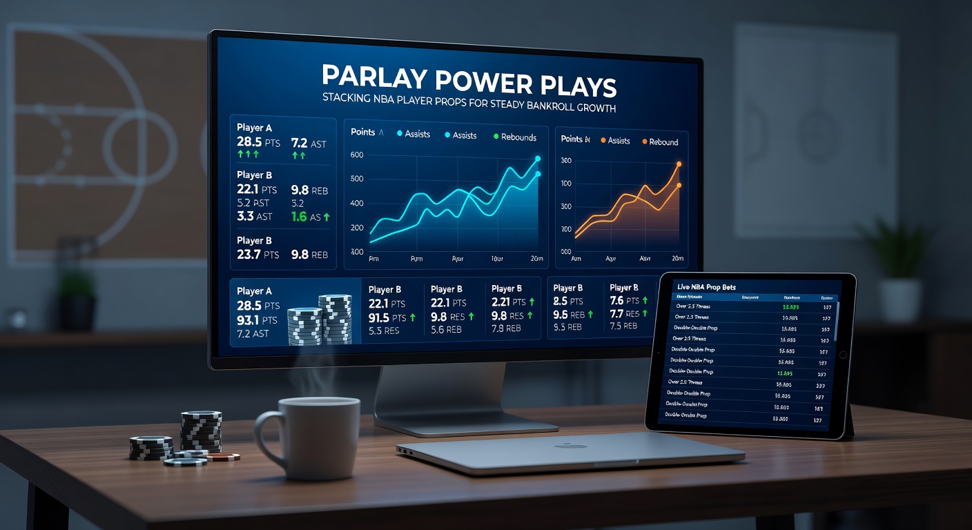 Visuelle Darstellung eines gestapelten Parlay-Zettels mit NBA-Spieler-Props und steigenden Quoten